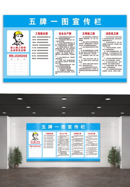 蓝色施工工地五牌一图工程安全生产制度牌