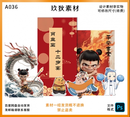 A036红金哪吒之魔童闹海宝宝生日周岁宴背景设计素材PS源文件